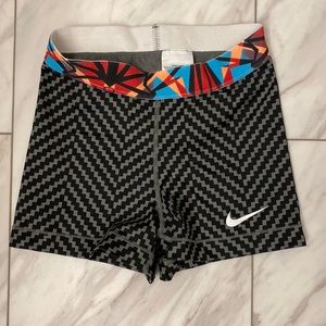 Nike spandex small shorts. Dri fit. Black and gray with colored band